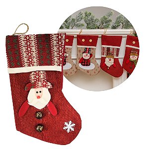 Bota Decorativa Meia Natal Papai Noel Tecido Linho Vinho e Xadrez com Guizo 35cm