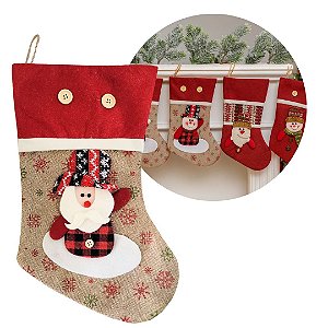 Bota Decorativa Meia Natalina Papai Noel em Tecido Linho Bege com Detalhes Vermelhos e Xadrez 35cm