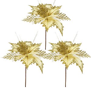 Kit 3 Pick Natalino Flor Bico de Papagaio Dourado Borda Glitter Luxo 25cm x 16cm