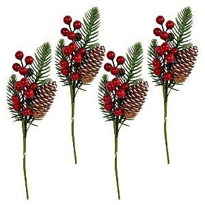 Jogo 4 Galhos Natalino Pick Decorativo Folhagens, Pinha Nevada e Azevinhos Vermelhos 25cm