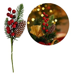 Galho Natalino Pick Decorativo Folhagens, Pinha Nevada e Azevinhos Vermelhos 25cm