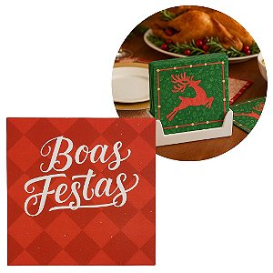Guardanapo de Natal Vermelho Estampado Boas Festas 25x25cm Folha Dupla Prime Pacote 20 Unidades