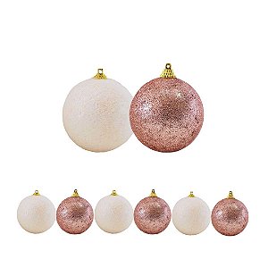 Jogo 6 Bolas de Natal Rosê Mistas Glitter e Flocada Luxo 8cm - Master Christmas