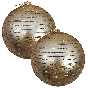 Kit 2 Bolas de Natal Grande Champanhe Fosca com Glitter Dourado Espiral 15cm Decorativa Premium