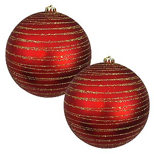 Jogo 2 Bolas de Natal Grande Vermelho Fosco com Espiral Glitter Dourado 15cm Decorativa Premium