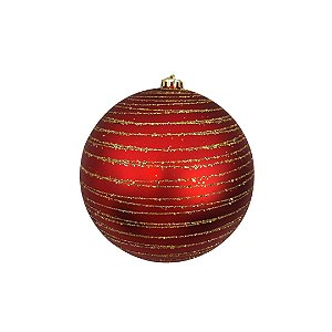Bola de Natal Grande Vermelho Fosco com Espiral Glitter Dourado 15cm Decorativa Premium