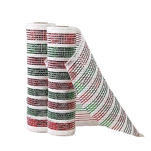 Kit 2 Telas Malha Tule Decorativa Natal Candy Tricolor Vermelho Verde e Branco 25cm x 5m Premium