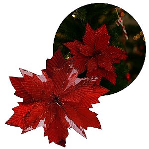 Flor Bico de Papagaio Natalino Pick Recort Veludo Vermelho Glitter Luxo 28cm