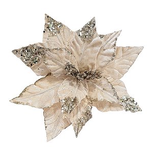 Flor Bico de Papagaio Natal Pick Veludo Champanhe Glitter e Lantejoulas Luxo 28cm