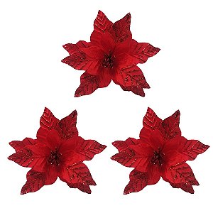 Kit 3 Flores Bico de Papagaio Natal Pick Veludo Vermelho Borda Glitter Luxo 25cm