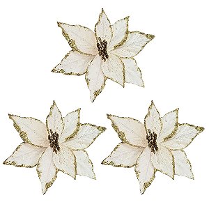 Kit 3 Flores Bico de Papagaio Natal Pick Veludo Champanhe Glitter Dourado 20cm