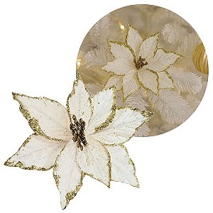 Flor Bico de Papagaio Natal Pick Veludo Champanhe Glitter Dourado 20cm