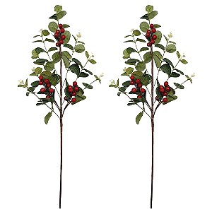 Kit 2 Galhos Decorativo Natalino Folha de Eucalipto e Berries 63cm