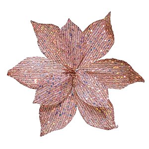 Flor Bico de Papagaio Pick Natalino Glitter e Lantejoulas Rosê Luxo 30cm