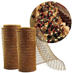 Kit 2 Fitas Decorativa Natal Tela Tule Dourada Premium Trançada 15cm x 5m Flexível Para Laços e Árvores