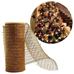 Fita Decorativa Natal Tela Tule Dourada Premium Trançada 15cm x 5m Flexível Para Laços e Árvores