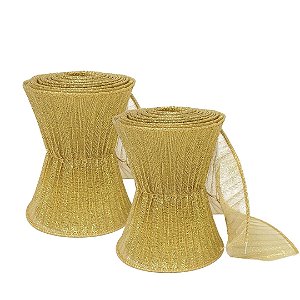 Jogo 2 Fitas Aramada Natal Dourada Plissada 12cm x 1,8m Luxo para Laços e Árvores