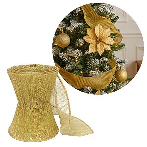 Fita Aramada Natal Dourada Plissada 12cm x 1,8m Luxo para Laços e Árvores