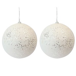 Jogo 2 Bolas de Natal Brancas Glitter e Lantejoulas 12cm Luxo