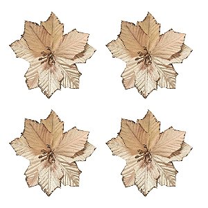 Kit 4 Flores Bico de Papagaio Pick Natalino Veludo Champanhe Glitter 13cm