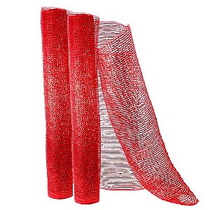 Kit 2 Telas Decorativa Natal Malha Tule Trançado Vermelho 52cm x 5m Brilhante Premium