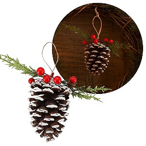 Pinha Decorada Natalina Grande Nevado com Folhagens e Berries 14cm