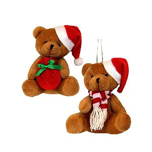Jogo 2 Ursinhos Decorativos Natal Pelúcia Caramelo Prime com Gorrinho, Cachecol Listrado e Saco de Presentes 10cm