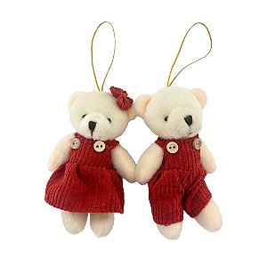 Jogo 2 Ursinhos Decorativos Natal Pelúcia Creme Casal Roupa Veludo Canelado Terracota 12cm