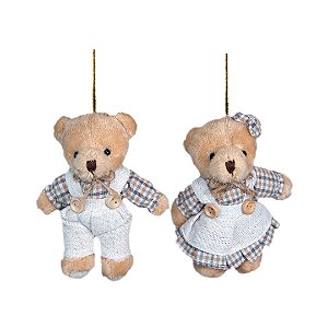 Jogo 2 Ursinhos Decorativos Natal Pelúcia Bege Casal Roupa Linho Xadrez Rústico 13cm