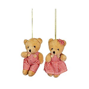 Jogo Ursinho Decorativo Natal Casal Pelúcia Bege Roupa Vermelho Xadrez 12cm