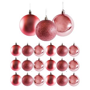 Conjunto 18 Bolas de Natal Rosê Prime Texturas Mistas 5cm Glitter, Brilho e Fosca