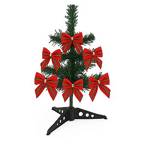 Mini Árvore de Natal Decorada 30cm com 6 Laços Vermelho e Verde Galão