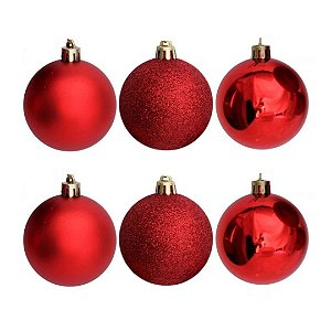 Conjunto 6 Bolas de Natal Vermelho Prime Texturas Mistas 5cm Glitter, Brilho e Fosca
