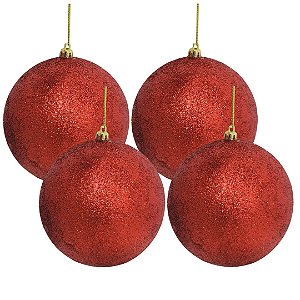 Kit 4 Bolas de Natal Vermelhas Glitter Luxo Grande 12cm com Cordão para Pendurar