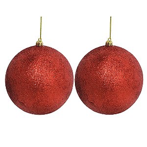 Kit 2 Bolas de Natal Vermelhas Glitter Luxo Grande 12cm com Cordão para Pendurar