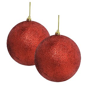 Conjunto 2 Bolas de Natal Vermelhas Glitter Luxo 12cm com Cordão para Pendurar