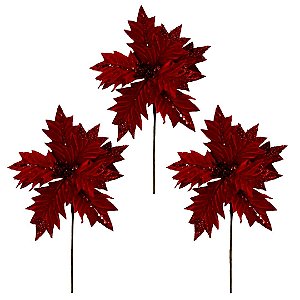 Kit 3 Flores Bico de Papagaio Natalina Pick Veludo Vermelho com Borda Recortada Glitter 25cm Luxo