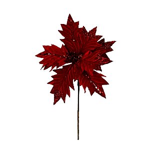 Flor Bico de Papagaio Natalina Pick Veludo Vermelho com Borda Recortada Glitter 25cm Luxo