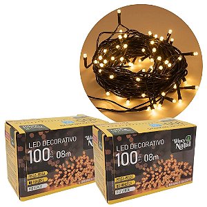 Kit 2 Piscas LED Branco Quente Sequencial 100 Lâmpadas 8 Funções Fio Verde 8 Metros 127V