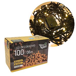 Pisca LED Branco Quente Sequencial 100 Lâmpadas 8 Funções Fio Verde 8 Metros 127V