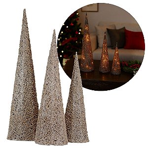 Jogo 3 Árvores Decorativas Aramadas Cone Cotton Champanhe Glitter Luxo LED Branco Quente 60cm, 50cm e 40cm