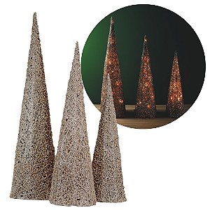 Conjunto 3 Árvores Decorativas Aramadas Cone Cotton Iluminada Champanhe Glitter Luxo LED 60cm, 50cm e 40cm