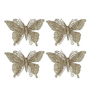 Jogo 4 Borboletas Champanhe Glitter 12x18cm Enfeite Natal com Presilha