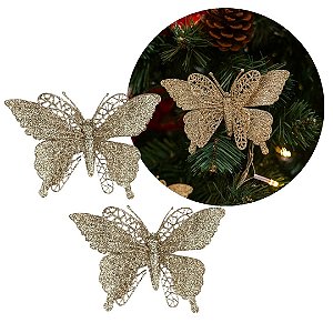 Jogo 2 Borboletas Champanhe Glitter 12x18cm Enfeite Natal com Presilha