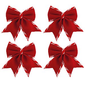 Jogo 4 Laços Natalinos Veludo Vermelho Borda Candy Listrada Prime 12x13cm