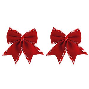 Jogo 2 Laços Natalinos Veludo Vermelho Borda Candy Listrada Prime 12x13cm