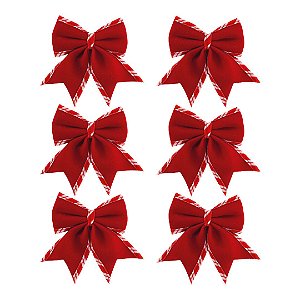 Jogo 6 Laços Natalinos Veludo Vermelho Borda Candy Listrada Prime 9x10cm