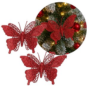 Jogo 2 Borboletas Vermelho Glitter 12x18cm Enfeite Natal com Presilha