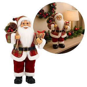 Papai Noel Decorativo Natalino 25cm com Casaco Xadrez Vermelho e Verde e Saco de Presentes Decorado