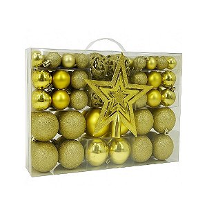 Maleta 100 Bolas de Natal Douradas Mistas Luxo e Ponteira  Diversos Tamanhos Glitter, Fosca, Brilho e Arabesco